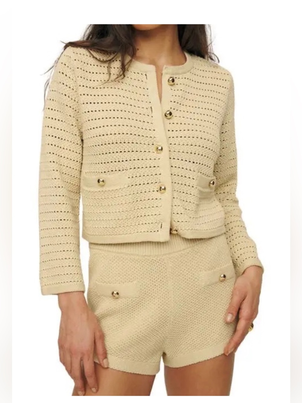 Reformation Beige Knit Cardigan and Shorts Set